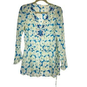 Jenny Han Yellow Blue Silk Beaded Boho Tunic Womens S Beachy Sheer Long Sleeve